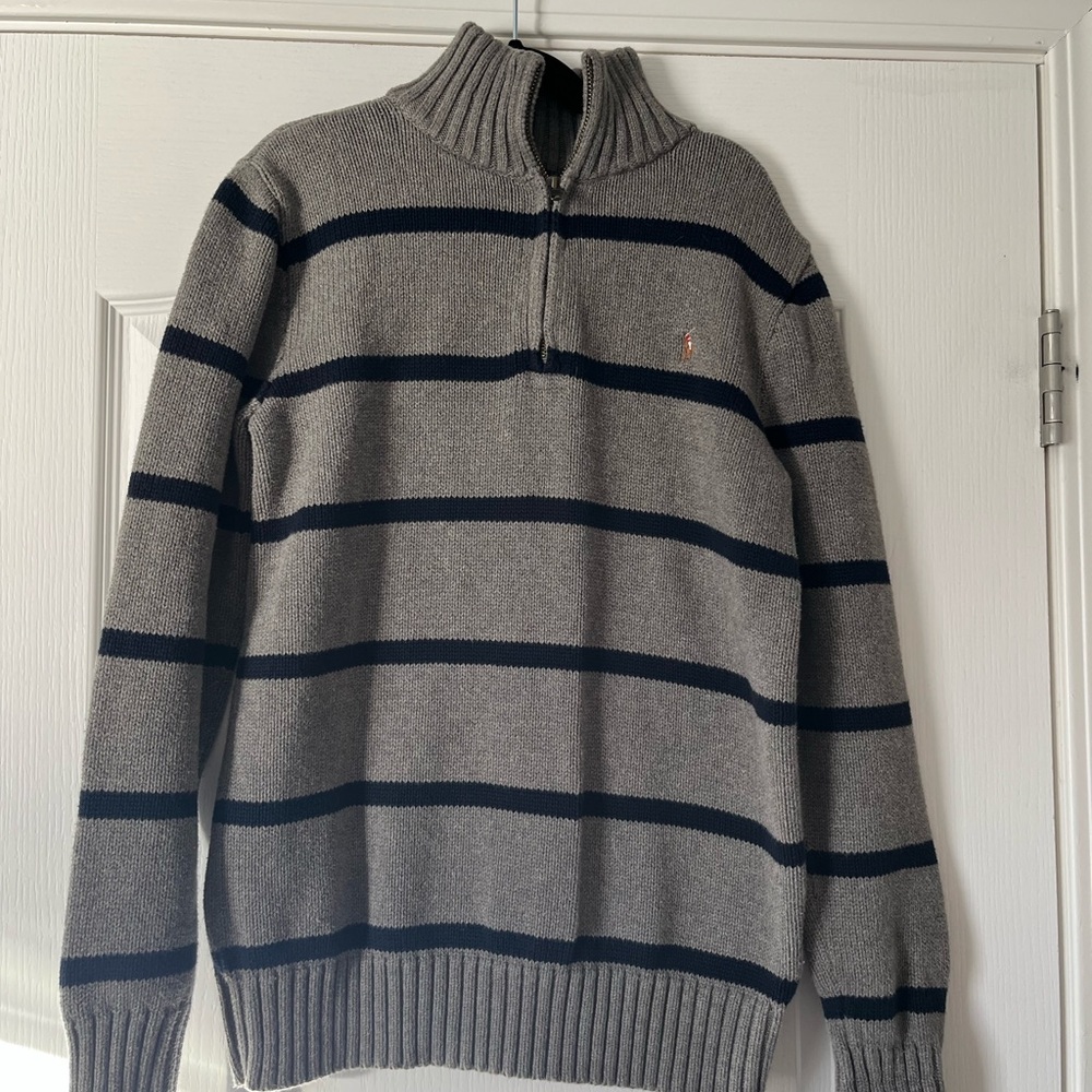 Polo by Ralph Lauren Gray and Navy Striped Zip-Up Sweater